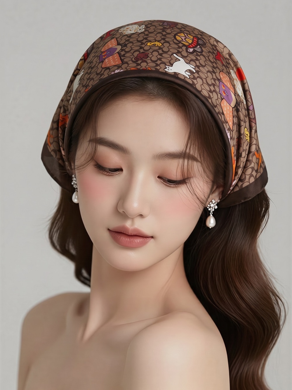 Brown Patterned Silk-Feel Headscarf with Orange Accents - Picture 6 of 11